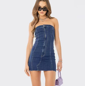 Sexy Slim-fit Tassel Washed Denim Tube Top Dress For Women